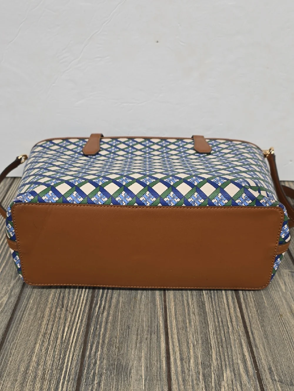 Tory Burch Tote Bag with Blue Green Lattice Pattern and Brown Trim - Picture 6 of 12